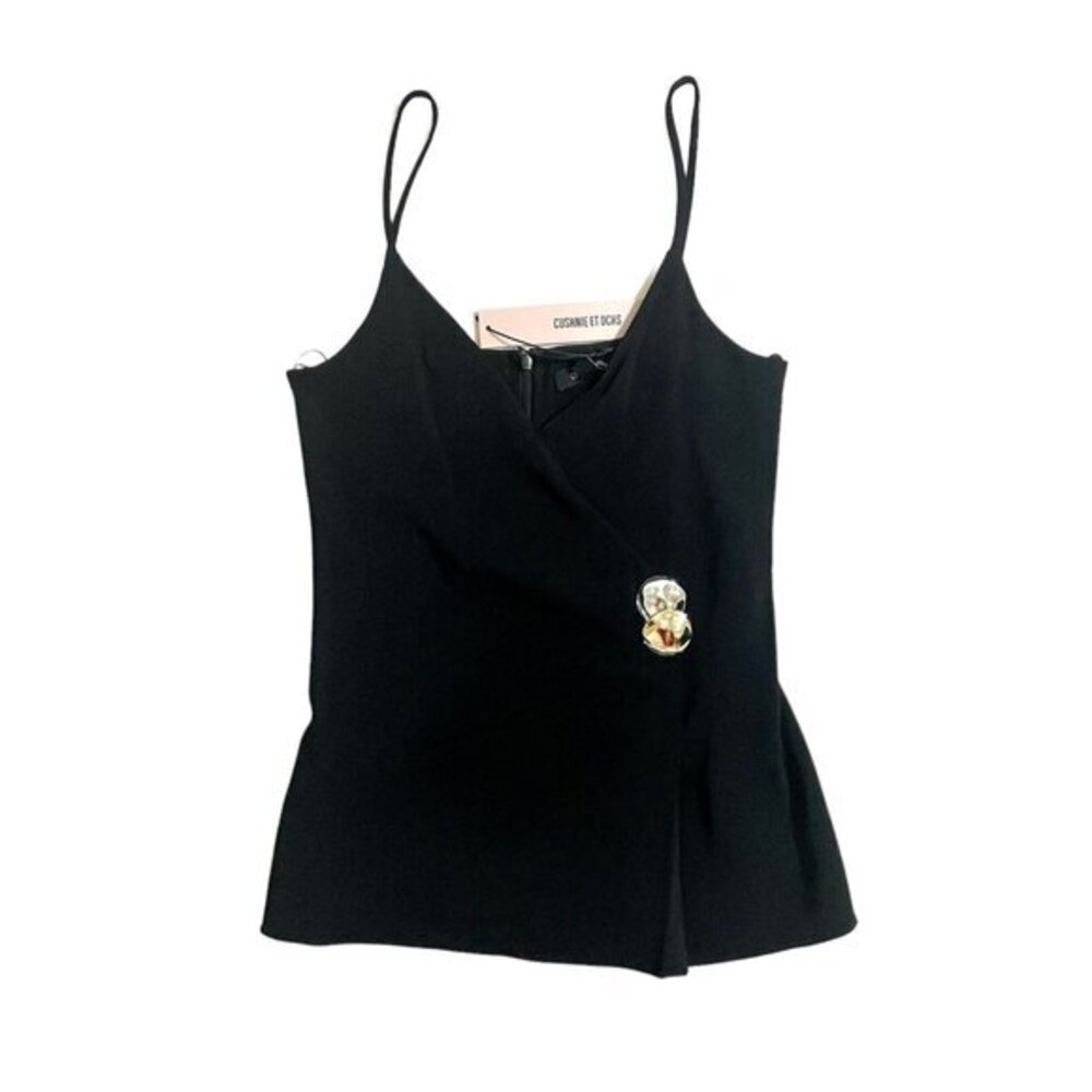Cushnie Et Ochs Black Wrapover Tank Top V Neck Abstract Buttons SZ 0 NWT
